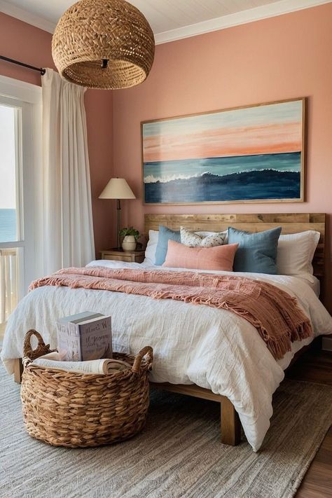 How To: Coastal Bedrooms Decor | Shine Rugs Coral Rooms Bedrooms, Peach And Pink Decor, Pink And Turquoise Bedroom Ideas, White And Coral Bedroom, Peach Ceiling Bedroom, Coral Accents Bedroom, Sunset Colors Bedroom, Peach Guest Bedroom, Sunset Bedroom Decor