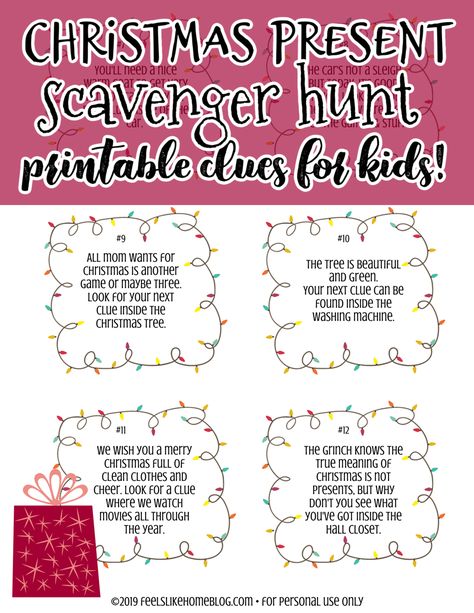 Christmas Present Scavenger Hunt, Indoor Treasure Hunt, Treasure Hunt Clues, Scavenger Hunt Clues, Christmas Scavenger Hunt, Scavenger Hunt For Kids, Feels Like Home, Hunting Gifts, Christmas Party Games