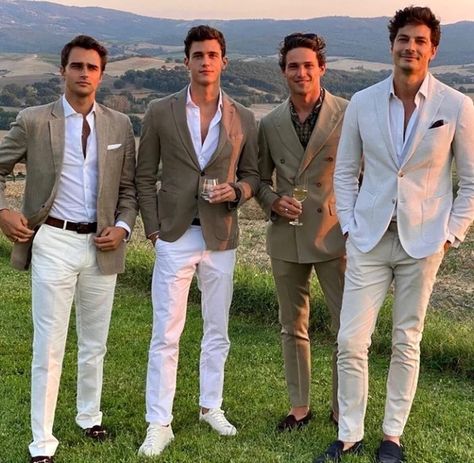 Men's Summer Wedding Outfit, Villa Party Outfit, Engagement Party Groom Outfit, Groom Welcome Party Outfit, Italian Wedding Attire, Men’s Summer Wedding Outfit, Beach Formal Wedding Guest Men, Cabo Wedding Guest Attire, Cocktail Dress Code Men