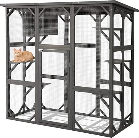 Amazon.com : LEISU Large Outdoor Cat House Outdoor Wooden Cat Cage Cat Enclosure with Weatherproof Large Run, Jumping Platforms for Play Catio Cat Patio with Large Entrance Easy to Clean (Dark Grey) : Pet Supplies Cat Patio Enclosure, Cat Catio, Outside Cat Enclosure, Outside Cat House, Feral Cat Shelter, Catio Ideas, Cat Playpen, Cat Condos, Wooden Cat House