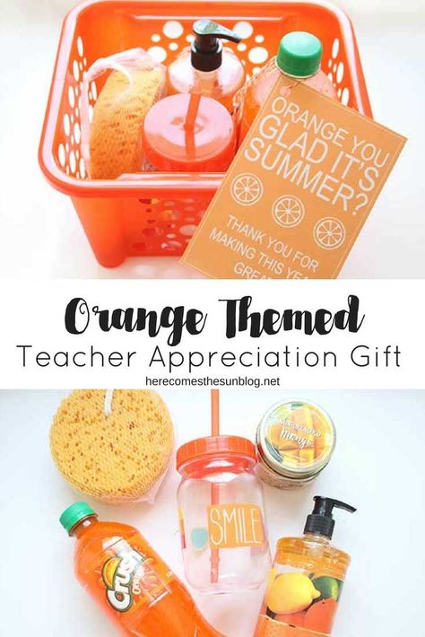 Show the teachers some love with this adorable orange themed teacher appreciation gift! Easy to put together and won't break the bank. Teacher Survival Kit, Easy Teacher Gifts, Diy Label, Gourmet Gift Box, Teacher Gift Baskets, Coffee Gift Basket, Teacher Survival, Boyfriend Gift Basket, Label Ideas