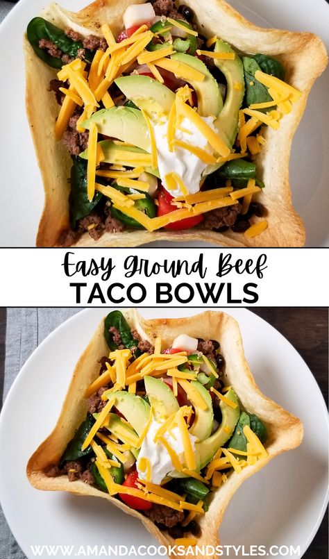 Beef Taco Salad Bowls - Amanda Cooks & Styles Beef Taco Salad, Taco Bowl Recipe, Taco Salad Bowls, Ground Beef Taco, Spinach Avocado, Taco Bowl, Taco Salads, Beef Taco, How To Make Taco