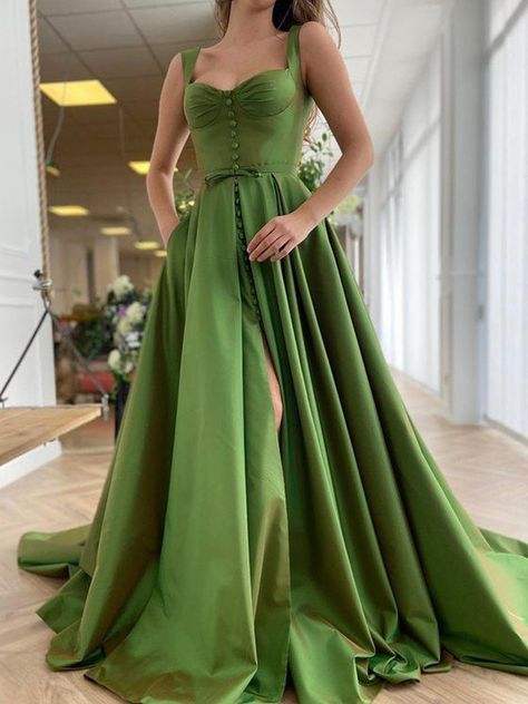 Long Ball Dresses, Green Satin Prom Dress, Evening Wedding Guest Dresses, Satin Ruffle Dress, Simple Prom Dress Long, Green Evening Dress, Prom Dresses With Pockets, Dress Sleeve Length, Sweetheart Prom Dress