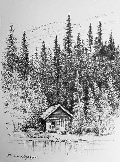 Original drawing with marker. See more paintings in my shop... The work is author's, exclusive, and made in a single copy. Forest House Artwork, Cabins In The Woods Artwork, Cabin In The Forest, Forest Sketch, Minimalistic Illustration, Forest Drawing, Adobe Illustrator Design, Black And White Art Drawing, Fantasy Forest