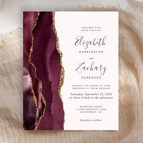 Budget Burgundy Gold Agate Blush Wedding Invite Wedding Invitations Maroon, Script Wedding Invitations, Handwriting Script, Elegant Modern Wedding, Agate Wedding, Afternoon Wedding, Budget Wedding Invitations, Blush Wedding Invitations, Wedding Anniversary Invitations