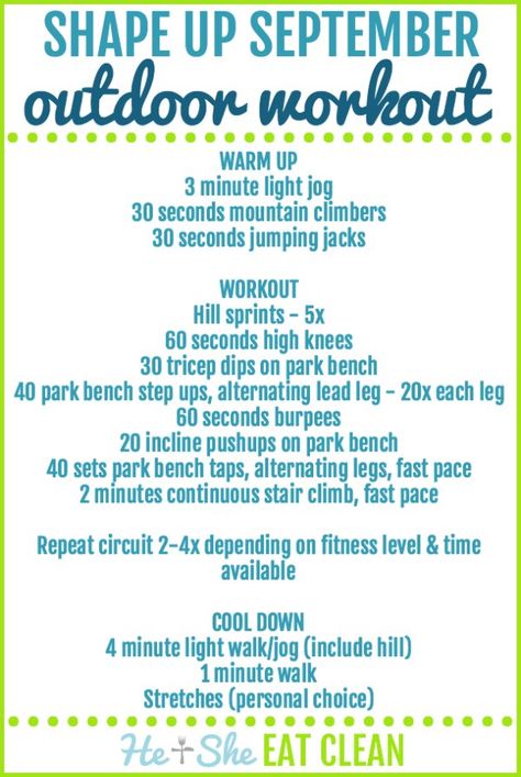 Want a workout you can do that will get you outside and get your heart rate going? Try the Shape Up September Outdoor Circuit! #fitness #exercise #workout #routine #circuit #heandsheeatclean Home Workout Circuit, Outdoor Workout Routine, Jumping Jacks Workout, Workout Circuit, Circuit Training Workouts, Park Workout, Outdoor Workout, Boot Camp Workout, Outdoor Training