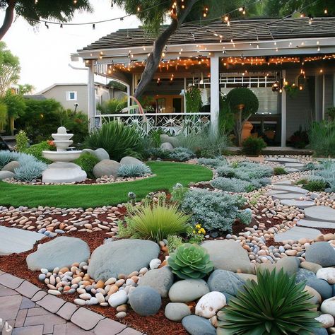 Front Entryway Ideas | Gazebo | Platform Porch | Low Maintenance GardenScape | Front Yard Landscape Inspo | Lights | Succulents | Pavers | River Rocks | DIY | Walkway | Water Feature | Fountain Diy Walkway, Front Entryway Ideas, Gazebo Porch, Front Yard Landscape, Yard Landscape, Front Entryway, River Rocks, Entryway Ideas, Water Wise