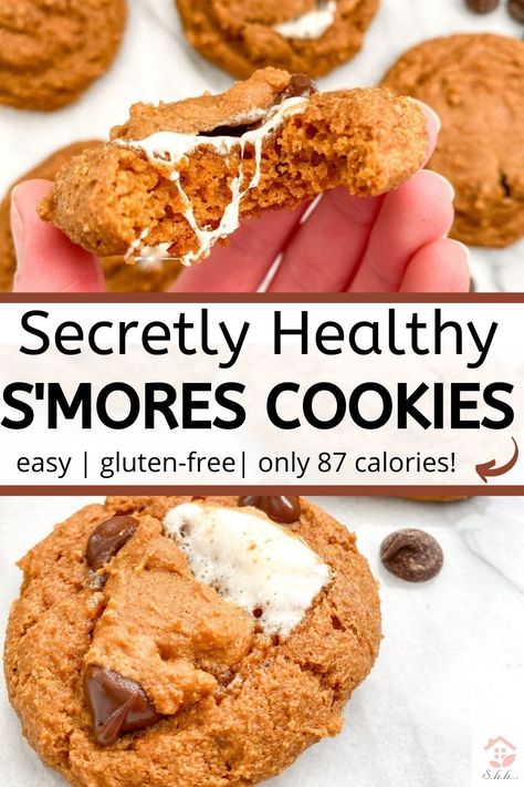 These Protein Collagen S’more Cookies are flourless and can easily be made gluten-free! You only need a few simple ingredients to make this healthy cookie recipe and it’s perfect for summertime! These cookies are stuffed with chocolate chips and healthy marshmallows. They’re made with collagen for the best chewy texture! You woon’t want to miss out on these homemade graham cracker s’mores cookies! #healthycookies #smores Healthy Smores, Healthy Marshmallow Recipe, Paleo Marshmallows, Cracker Chocolate, Healthy Cookie Recipe, Healthy Marshmallows, Grill Dessert, S Mores Cookies, Cookie Dough Bars