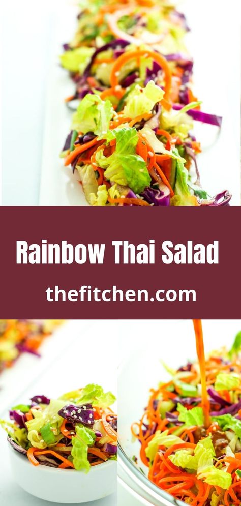 Rainbow Thai Salad Thai Vinaigrette Dressing, Thai Salad Recipes, Lemongrass Paste, Thai Salad, Cat Rainbow, Thai Salads, Romaine Salad, Spicy Thai, Vegetarian Cabbage