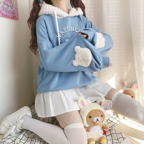 Blue Kawaii Outfit Ideas, Kawaii Hoodie Outfit, Korean Kawaii Outfits, Cute Pastel Blue Outfits, Pastel Hoodie Outfit, Kawaii Outfits Blue, Kawaii Outfit Ideas For School, Pastel Blue Outfit Aesthetic, Blue Kawaii Outfit