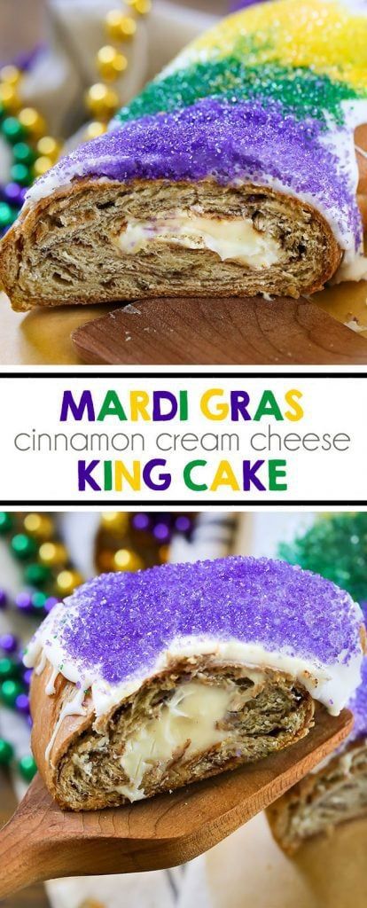 Mardi Gras Cream Cheese King Cake Mardi Gras King Cake Easy, King Bread Recipe, New Orleans King Cake Recipe, Fat Tuesday Desserts, Louisiana Desserts, Recipe For King Cake, Carnival Desserts, King Cake Recipe Easy, Mardi Gras Cake