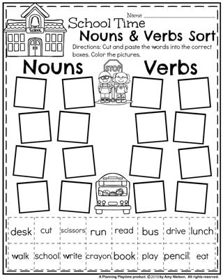 First Grade Literacy Worksheet for Back to School - Nouns and Verbs Sort. Verb Activities For First Grade, Build Sentences, First Grade Literacy, Nouns And Verbs Worksheets, Irregular Nouns, Verbs Activities, Back To School Worksheets, Nouns Verbs Adjectives, Nouns Worksheet