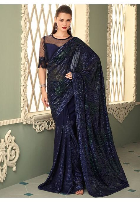 Midnight Blue Sequined Georgette Designer Saree Sequin Saree Blouse Designs, Blue Sequin Saree, Sequin Saree Blouse, Blue Georgette Saree, Navy Blue Saree, Saris Indian, Sequins Saree, Reception Saree, Wedding Sarees Online