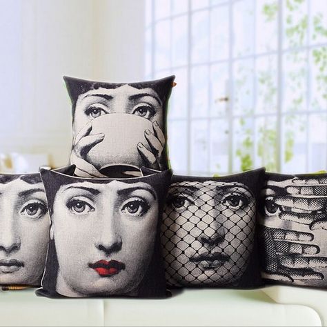 Lina Cavalieri, Custom Cushion Covers, White Pillow Cases, Black And White Pillows, Piero Fornasetti, Ski Chalet, Printed Cushion Covers, Euro Pillow, Linen Throw Pillow