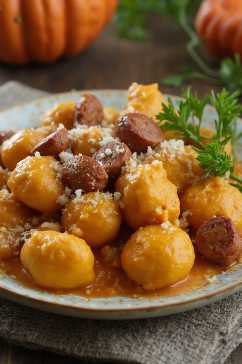 Creamy Pumpkin Gnocchi With Sausage Recipe

Ingredients

- 1 pound store-bought gnocchi
- 1 tablespoon olive oil
- 1/2 pound Italian sausage, casings removed and crumbled
- 1 cup canned pumpkin puree
- 1/2 cup heavy cream
- 1/2 teaspoon garlic powder
- Salt and pepper to taste
- Grated Parmesan cheese for serving

Instructions

- Cook the gnocchi according to package instructions; drain and set aside.
- In a large skillet, heat olive oil over medium heat. Add the crumbled sausage and cook until browned, about 5-7 minutes.

Full Recipe on... Healthy Fall Salad Recipes, Gnocchi With Sausage, Sausage Sauce, Pumpkin Gnocchi, Spinach Artichoke Dip Recipe, Sausage Recipe, Seasonal Treats, 7 Minutes, Recipe Ingredients