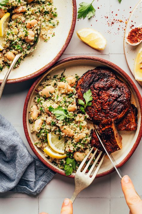 Avocado Chimichurri, Bean Quinoa Salad, Portobello Steak, Steak Sides, Bean Quinoa, Vegan Quinoa Salad, Grilled Romaine, White Bean Salad, Vegan Quinoa