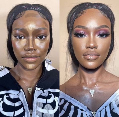 the artist IG: @prettishglam.chic Highlighter For Dark Skin, Blush For Dark Skin, Dark Skin Makeup Tutorial, Instagram Makeup Artist, Pageant Makeup, Pro Makeup Artist, Highlight And Contour, Makeup Brushes Guide, Makeup Hacks Tutorials