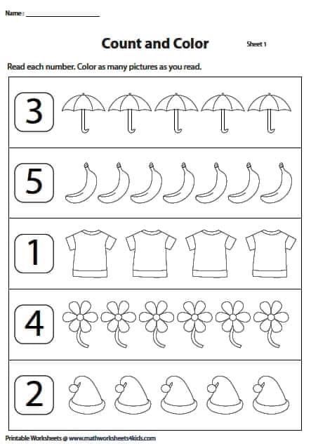 Count And Match 1-5 Worksheets, Color Practice Worksheet, Count And Color Worksheets Preschool, Counting 1-5 Worksheets Free Printable, Counting Activities Preschool Worksheets, Count And Color Worksheets Free, Numbers Worksheets Kindergarten, Kindergarten Math Worksheets Counting, Counting To 5