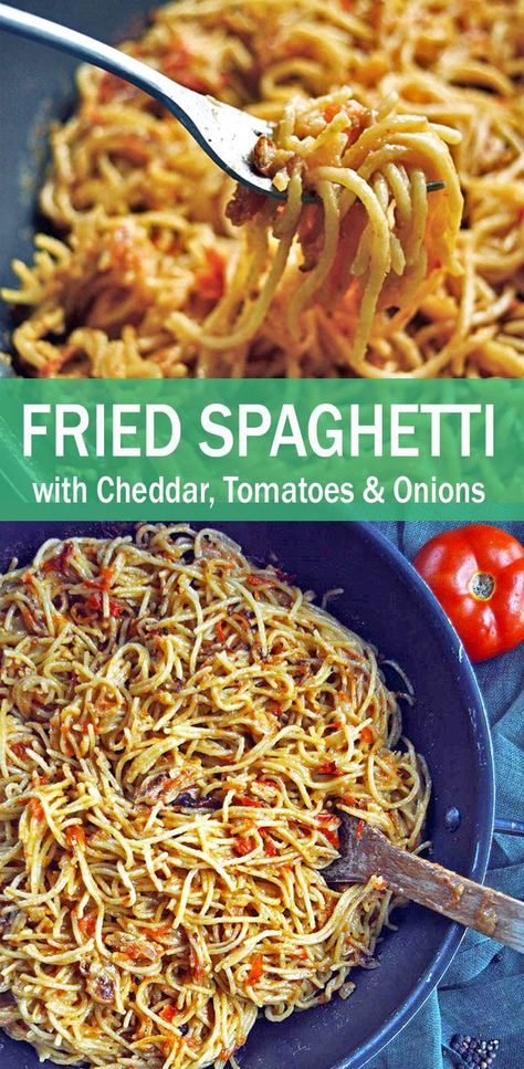 Yummy fried spaghetti with lashings of cheddar , tomatoes and onions. Crispy cheesy spaghetti bits mixed up with creamy cheese coated parts...Home-comfort cooking at it's best, easy as pie, and quick to make. Fried Spaghetti Noodles, Fried Spaghetti Recipe, Spaghetti Meals, Spaghetti With Tomatoes, Fried Spaghetti, Eat Cheap, Spicy Vegetarian Recipes, Fried Pasta, Leftover Spaghetti