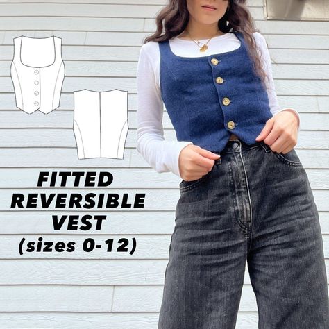 Fitted Reversible Vest Sewing Pattern - Women's Beginner Sewing Pattern - Sizes 0-12 - Instant Do... Knit Shirt Sewing Pattern, Easy Patterns Sewing, Fitted Shirt Sewing Pattern, Sewing Winter Clothes Women, 1 Yard Sewing Projects Free Pattern, Sew Vest Pattern Women, Beginner Sewing Top Patterns, Vest Top Sewing Pattern, Denim Vest Sewing Pattern