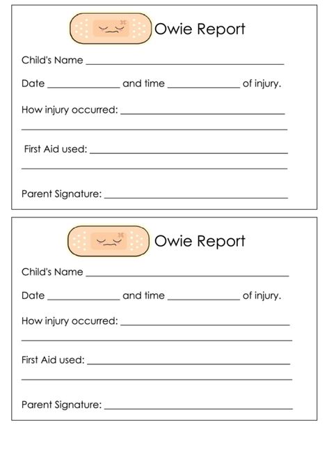 Need a Owie Report Template? Here's a free template! Create ready-to-use forms at formsbank.com Childcare Organization, Inhome Daycare, Daycare Paperwork, Home Daycare Rooms, Home Daycare Forms, In Home Daycare, Daycare Printables, Daycare Setup, Daycare Business Plan