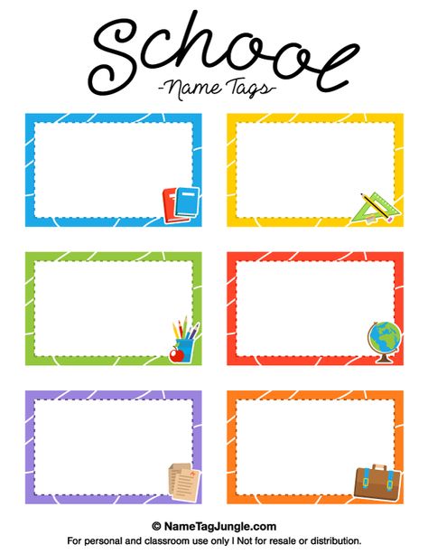 Free printable school name tags. The template can also be used for creating items like labels and place cards. Download the PDF at http://nametagjungle.com/name-tag/school/ School Card, School Name Tag, School Name Tags, Name Tags For School, Name Labels For School Printable, Name Tag, School Labels Printables, Tag Template Free, Notebook Labels