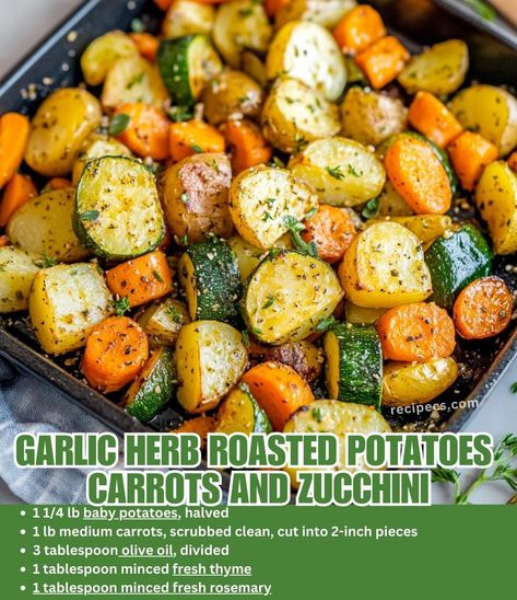 Roasted Potatoes Squash Zucchini, Zucchini Side Recipes Easy, Roasted Zucchini And Potatoes, Quick Dinner Ideas Potatoes, Garlic Herb Roasted Vegetables, Zucchini And Potatoes Recipes, Roasted Potatoes And Zucchini In Oven, Garlic Herb Roasted Potatoes And Carrots, Easy Zucchini Side Dish Recipes