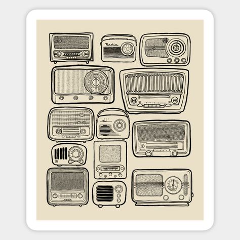 Various retro radios in vintage style. With the radio you can receive music and news of any radio station via the air. -- Choose from our vast selection of stickers to match with your favorite design to make the perfect customized sticker/decal. Perfect to put on water bottles, laptops, hard hats, and car windows. Everything from favorite TV show stickers to funny stickers. For men, women, boys, and girls. Old Radio Tattoo, Ham Radio Tattoo, Vintage Radio Tattoo, Radio Tattoo Vintage, Old Radio Drawing, Vintage Radio Illustration, Radio Tattoo, Radio Drawing, Radio Icon