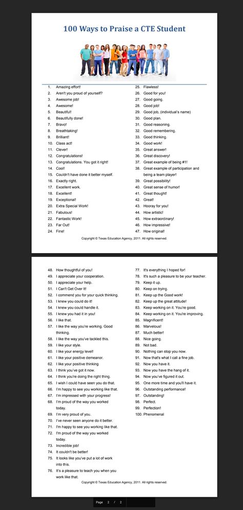 100 Ways to Praise ANYONE! It was designed to suggest ways in which to praise students, but really ANYONE can benefit from a little well-earned and well-deserved praise! :-) Teacher Praise Ideas, Praise Words For Students, Remarks For Students Performance, Positive Comments For Students, Kindness For Kids, Elementary Physical Education, Instructional Materials, English Project, Classroom Goals