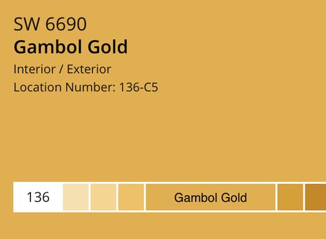 https://www.sherwin-williams.com/homeowners/color/find-and-explore-colors/paint-colors-by-family/SW6690-gambol-gold Gambol Gold Sherwin Williams, Sherwin Williams Gold Paint Colors, Sherwin Williams Yellow Paint Colors, Mustard Yellow Paint Colors, Mcm Exterior, Gold Paint Colors, Exterior Paint Combinations, Historic Paint Colours, Boy Room Paint