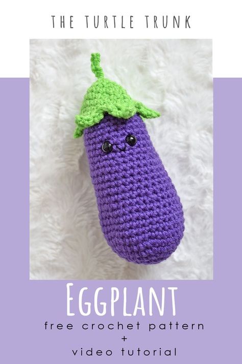 Pinterest pin for the eggplant crochet pattern by The Turtle Trunk Crochet Vegetables Free Pattern, Crochet Eggplant, Crochet Corn, Crochet Play Food, Crochet Vegetables, Kids Play Food, Crochet Fruit, Crochet Food, Beginner Crochet Projects