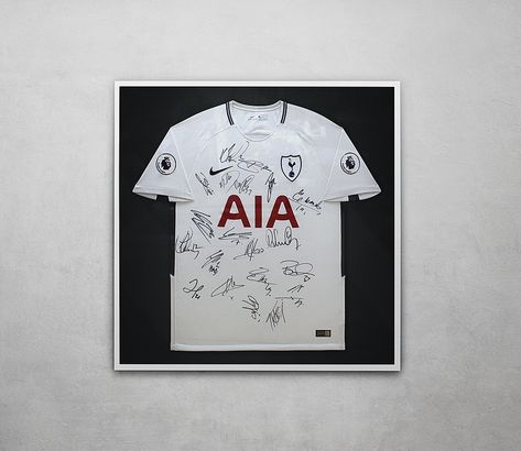 It was a pleasure to design and frame this signed Tottenham Hotspur football shirt recently. A simple white frame with black background really gives it a striking finish (pun intended!).  Our frame code: SC3138 Hideaway Office, Football Rooms, Football Bedroom, Tottenham Hotspur Football, Football Signs, Framed Jersey, Everton Fc, Bathroom Tile Designs, Kinds Of Fabric