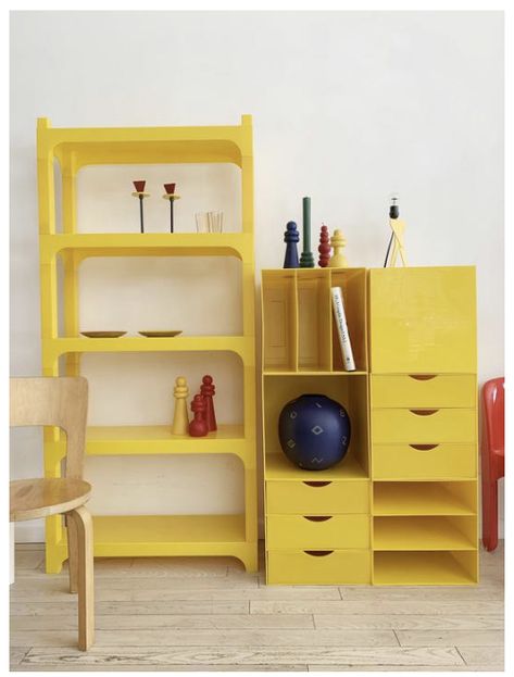 homeunionnyc.com  70s plastic storage compartments Groovy Shelves, Yellow Shelves Bookshelves, Yellow Bookshelves, 70s Shelving, Plastic Storage Cubes, 60s Bookshelf, 50s Bookshelf, Plastic Shelves, Record Storage