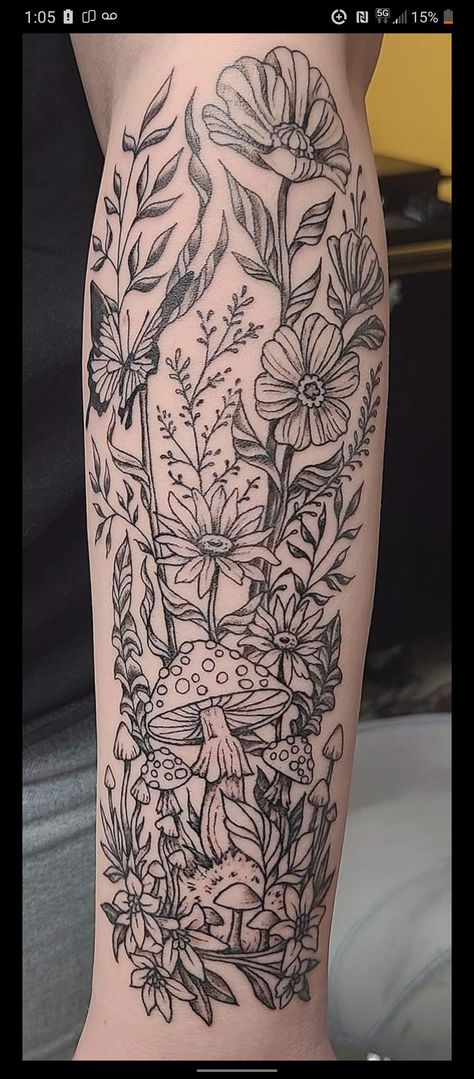 Hydrangea Sleeve Tattoo, Garden Tattoo Sleeve Patchwork, Hydrangea Tattoo Thigh, Hydrangea Butterfly Tattoo, Hydrangea Tattoo Sleeve, Hydrangea Tattoo Black And White, Nature Sleeve, Hydrangea Tattoo, Cute Tattoos For Women