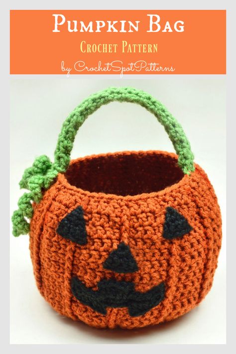 Crochet Halloween Candy Basket, Halloween Basket Crochet, Crochet Halloween Bags Trick Or Treat, Crochet Halloween Bucket, Thanksgiving Amigurumi, Halloween Knit, Crochet Pumpkin Hat, Dulces Halloween, Crochet Stocking