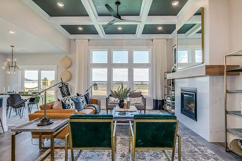 Living room with green and white painted coffered ceiling large fireplace Green Coffered Ceiling, Coffered Ceiling Kitchen, Painted Coffered Ceiling, Coffered Ceiling Family Room, Low Ceiling Attic Bedroom, Coffered Ceiling Ideas, Ceiling Ideas Living Room, Coffered Ceiling Design, Large Fireplace