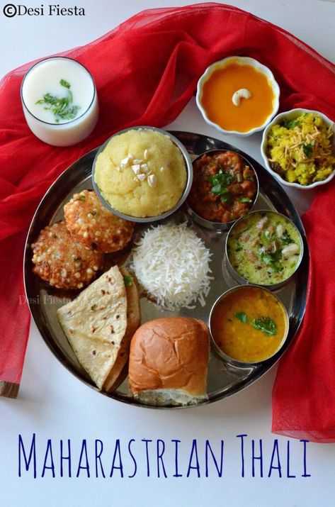 Maharastrian Thali |Marathi Thali - Desi Fiesta Maharashtra Food, Indian Food Photography, Maharashtrian Recipes, Veg Dishes, Desi Food, India Food, Indian Food Recipes Vegetarian, Vegetarian Recipes Dinner, Indian Cooking