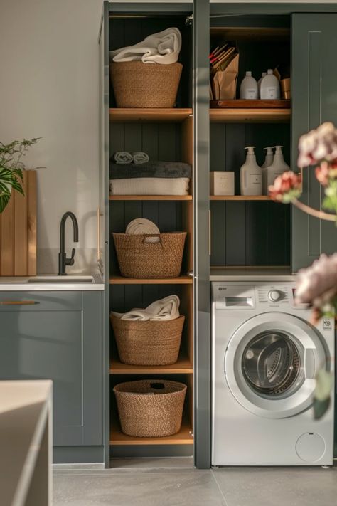 Discover 7 amazing laundry room pantry combo ideas that will brighten up your home and save you valuable space. Imagine a washroom where functionality meets organization, featuring stylish storage solutions and endless possibilities. From clever shelving tweaks to space-efficient cabinets, these ideas will help you transform your laundry space into a multitasking oasis. Upgrade your laundry room and pantry organization while maximizing every inch of your home. You won’t believe how easy it is to blend style and utility! Laundry Room Bin Storage, Pantry Laundry Closet Combo, Small Laundry Closets, Laundry Room With Cleaning Storage, Micro Laundry Room, Pantry Washroom Combo, Room Pantry Ideas, Laundry Detergent Organization, Pantry Laundry Combo