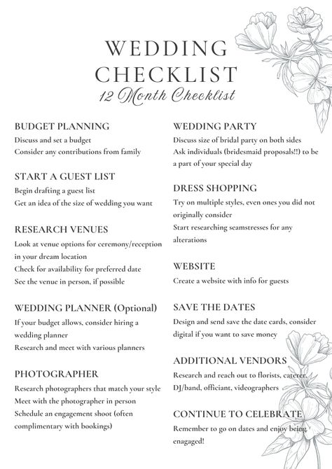 You just got engaged, now what! Here is a quick checklist to check in with your planning so far. 12 months out, you should be focusing on the budget, guest list, the date, the venue, photography (and other important vendors), selecting wedding party, wedding dress shopping, creating a website and sending out save the dates to friends and family! Wedding Guest Checklist, Engagement Checklist, 12 Month Wedding Checklist, Guest Checklist, Engaged Now What, Venue Photography, Just Got Engaged, Pre Engagement, Engagement Dinner