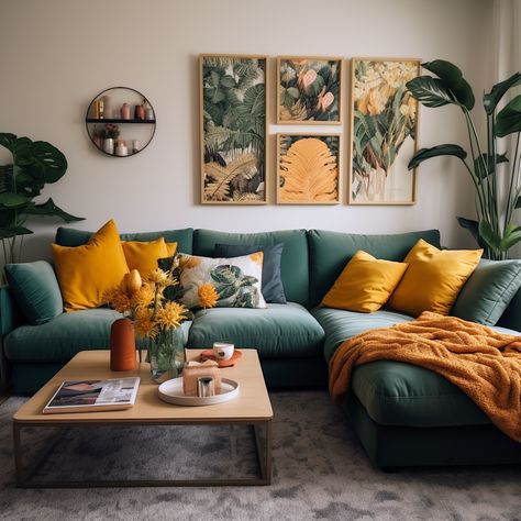 Yellow on green, it's a sunny scene—on a green sofa, it's positively serene!" 🛋️ Bask in the warm glow of our yellow cushions that brighten up any green sofa. ☀️ Find your sunshine at 👉 https://covermycushion.com/collections/yellow-cushion-covers 🍋 #CoverMyCushion #YellowOnGreen #GreenSofaSunshine #CushionCovers #HomeDecor #InteriorDesign #LivingRoomIdeas #SunnySpaces #SofaStatement #SoftFurnishings #HomeStyling #LivingRoomDecor #AccentCushions #BrightAndBeautiful Yellow Details Living Room, Green Couch Yellow Pillows, Green Sofa Cushions Color Schemes, Green Sofa Accessories, Green Sofa Orange Cushions, Green Yellow Brown Living Room, Green Yellow Orange Interior Design, Mustard Cushions Living Room, Green Sofa Cushion Ideas