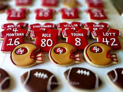 49er throwback sugar cookies www.facebook.com/SweetDoodleCakes 49ers Cookies Decorated, 49ers Cookies, 49er Party, Superbowl Cookies, 49ers Birthday Party, Football Themed Desserts, 49ers Birthday, Superbowl Party Food Healthy, 49ers Cake