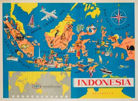 Indonesia Pictorial Map Indonesia / 1950s / Travel Posters / Hasto / 54x74 Original vintage travel advertising issued by the… / MAD on Collections - Browse and find over 10,000 categories of collectables from around the world - antiques, stamps, coins, memorabilia, art, bottles, jewellery, furniture, medals, toys and more at madoncollections.com. Free to view - Free to Register - Visit today. #Posters #Travel #MADonCollections #MADonC Posters Movie, Travel Advertising, Vintage Music Posters, Pictorial Maps, Indonesian Art, Ski Posters, Tourist Map, Map Wallpaper, South China Sea