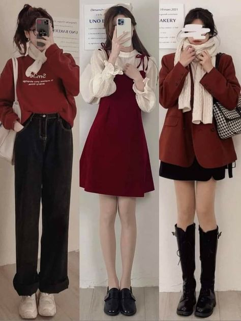 Christmas Ootd Casual, Korean Christmas Outfit, Korean Aesthetic Outfits, Red Skirt Outfits, Outfit Ideas Korean, Ootd Korean Style, December Outfits, Outfit Korean Style, Girly Outfit