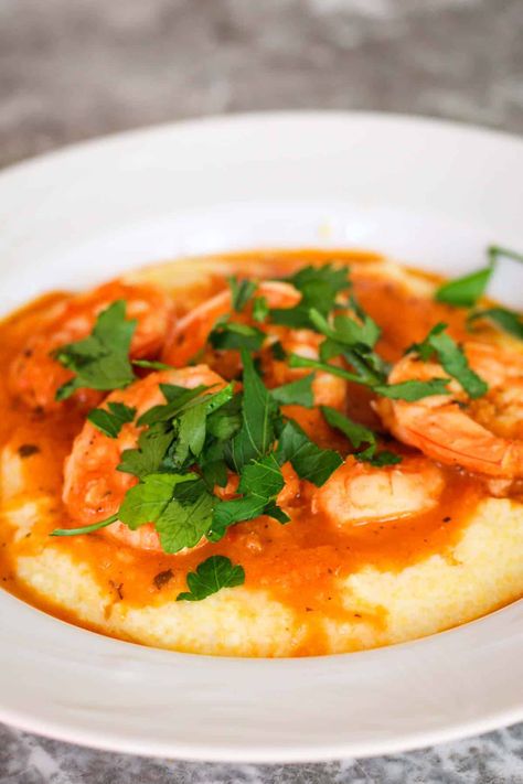 Shrimp Polenta, Roasted Tomato And Garlic, Shrimp And Polenta, Dinner Shrimp, Polenta Recipe, How To Cook Polenta, Polenta Recipes, Roasted Tomato Sauce, Italian Sauce