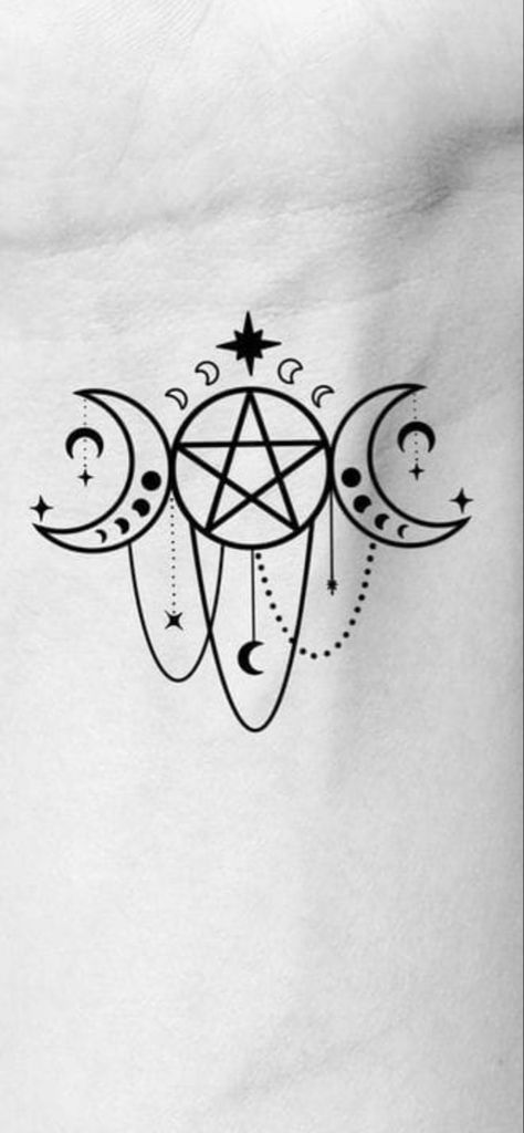 Witchy Rib Tattoo, Chest Tattoos For Women Sternum, Witchy Lower Back Tattoos, Small Pentagram Tattoo, Witchy Underbust Tattoo Ideas, Witchy Collar Bone Tattoo, Moon Sternum Tattoo Women, Gothic Stomach Tattoo, Pentagram Tattoo Design