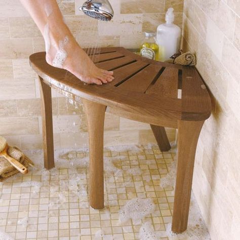 corner-shaped, teak bath stool from  brookstone Teak Shower Stool, Teak Bath, Teak Shower Bench, Bath Stool, Corner Bath, Bath Seats, Shower Stool, Shower Seat, Small Showers