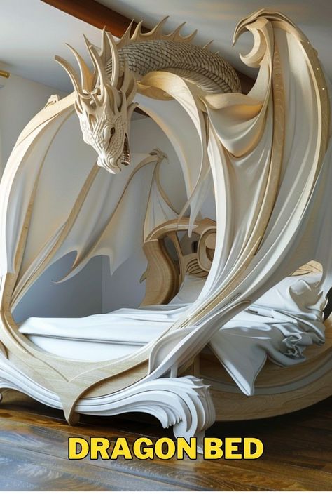 Fantasy Decor Ideas, Fantasy House Decor, Dragon Home Decor, Dragon Bedroom Ideas, Fantasy Room Decor, Dragon Bedroom, Fantasy Bed, Dragon Furniture, Dragon Bed