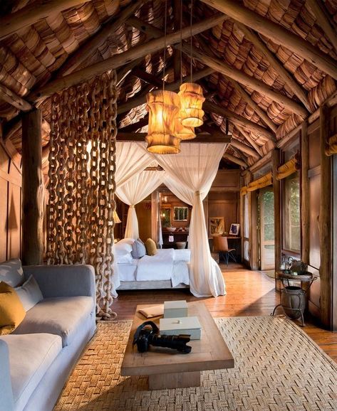 Safari Lodge Interior, Wooden Lodges, Lodge Bedroom, Bush Lodge, Bali Style Home, Lodge Ideas, Luxury Safari Lodge, Lodge Design, Lodge Hotel