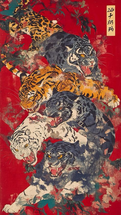 Mixed Media Wallpaper, Japanese Y2k Wallpaper, Thai Wallpaper Aesthetic, Boys Iphone Wallpaper, Inspirational Lockscreen, Weird Wallpaper Aesthetic, Tiger Wallpaper Aesthetic, Chinese Tiger Art, Tiger Aesthetics