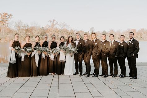 Black bridesmaid dresses with white pashminas and black groomsmen tuxes Black Bridesmaid Dresses Winter, Black Bridesmaid Dresses With Groomsmen, Black Bridesmaid Dress Winter, Black Groomsmen, Black Bridesmaid Dress, Winter Bridesmaids, Winter Bridesmaid Dresses, Black Bridesmaid, Nye Wedding